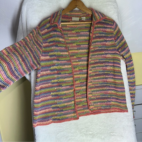 Vintage SIGRID OLSEN Sport Hand Knit Rainbow Cardigan Sweater L Cotton Linen Y2K - Picture 2 of 9